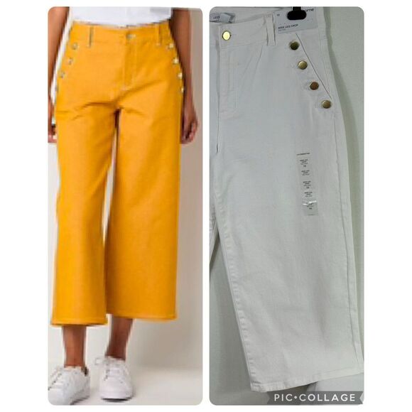 Womens Mid Rise Cropped Pants‎ White Gold Buttons Stretch Sailor Nautical 10 NWT - Picture 1 of 10